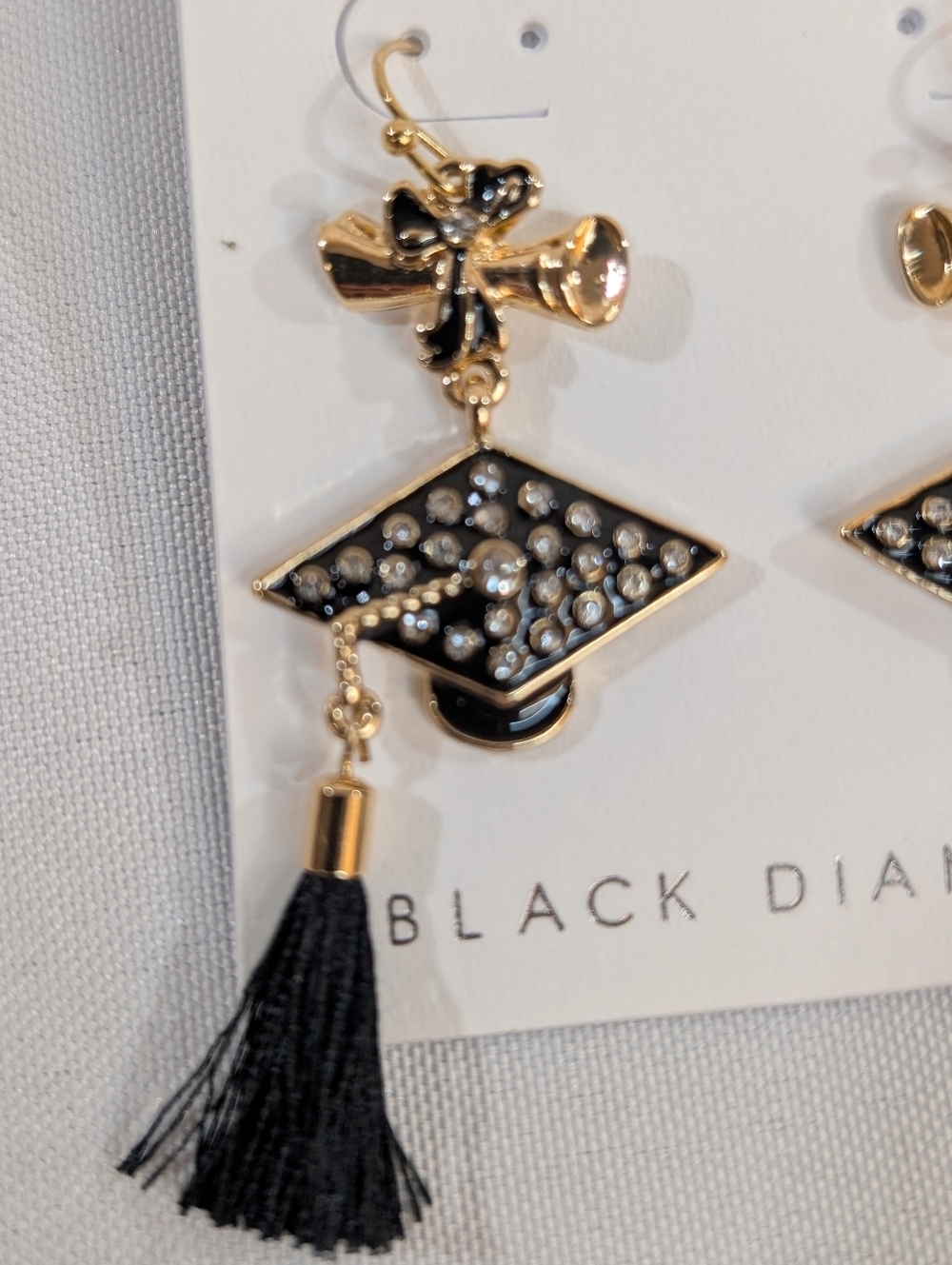 Black Diamond Earrings Graduation Cap With Tassel And Diploma - Picture 2 of 3